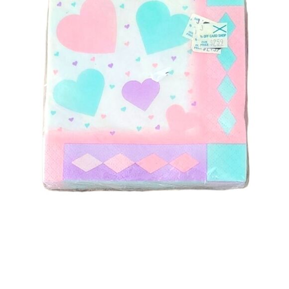 Vintage 80s Kawaii Pastel Girly Hearts Cocktail Napkins Birthday Party Pink - Picture 1 of 10